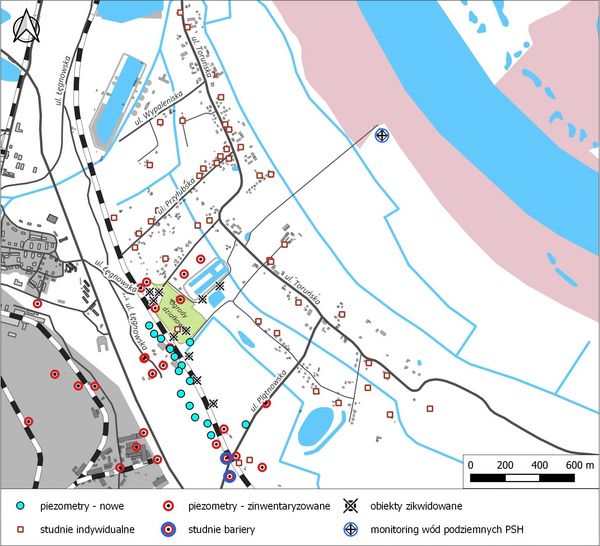 Mapa piezometrów i studni indywidualnych na obszarze osiedla Łęgnowo Wieś