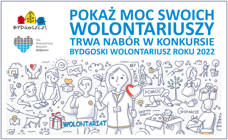 Niebieski napis "Pokaż moc swoich wolontariuszy" oraz rysunek przedstawiający wolontariuszy podczas różnych form pomocy.