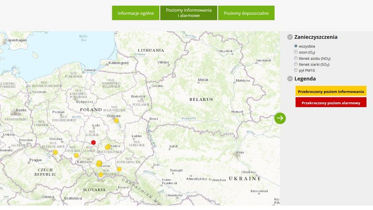 Stan powietrza nad Polską aktualny w godzinach przedpołudniowych 9 stycznia 2017 r.