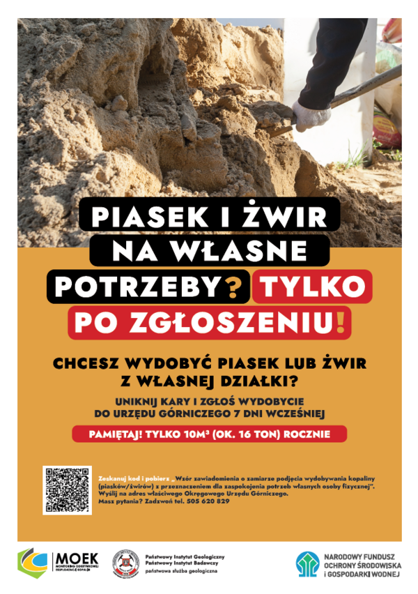 Plakat: Piasek i żwir na własne potrzeby tylko po zgoszeniu, do 10 m3 rocznie