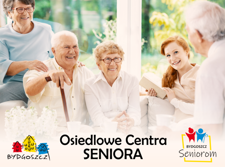 Pięć uśmiechniętych osób spoglądających na siebie. U dołu napis "Osiedlowe Centra SENIORA".