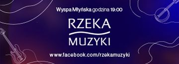 Biały napis Rzeka Muzyki na granatowym tle
