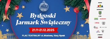 Biały napis Bydgoski Jarmark Świąteczny na niebieskim tle