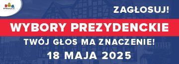 Biały napis o wyborach prezydenckich 2025 na czerwono-niebieskim tle